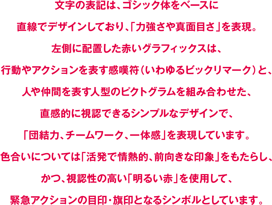 文字の表記は、ゴシック体をベースに直線でデザインしており、「力強さや真面目さ」を表現。左側に配置した赤いグラフィックスは、行動やアクションを表す感嘆符（いわゆるビックリマーク）と、人や仲間を表す人型のピクトグラムを組み合わせた、直感的に視認できるシンプルなデザインで、「団結力、チームワーク、一体感」を表現しています。色合いについては「活発で情熱的、前向きな印象」をもたらし、かつ、視認性の高い「明るい赤」を使用して、緊急アクションの目印・旗印となるシンボルとしています。